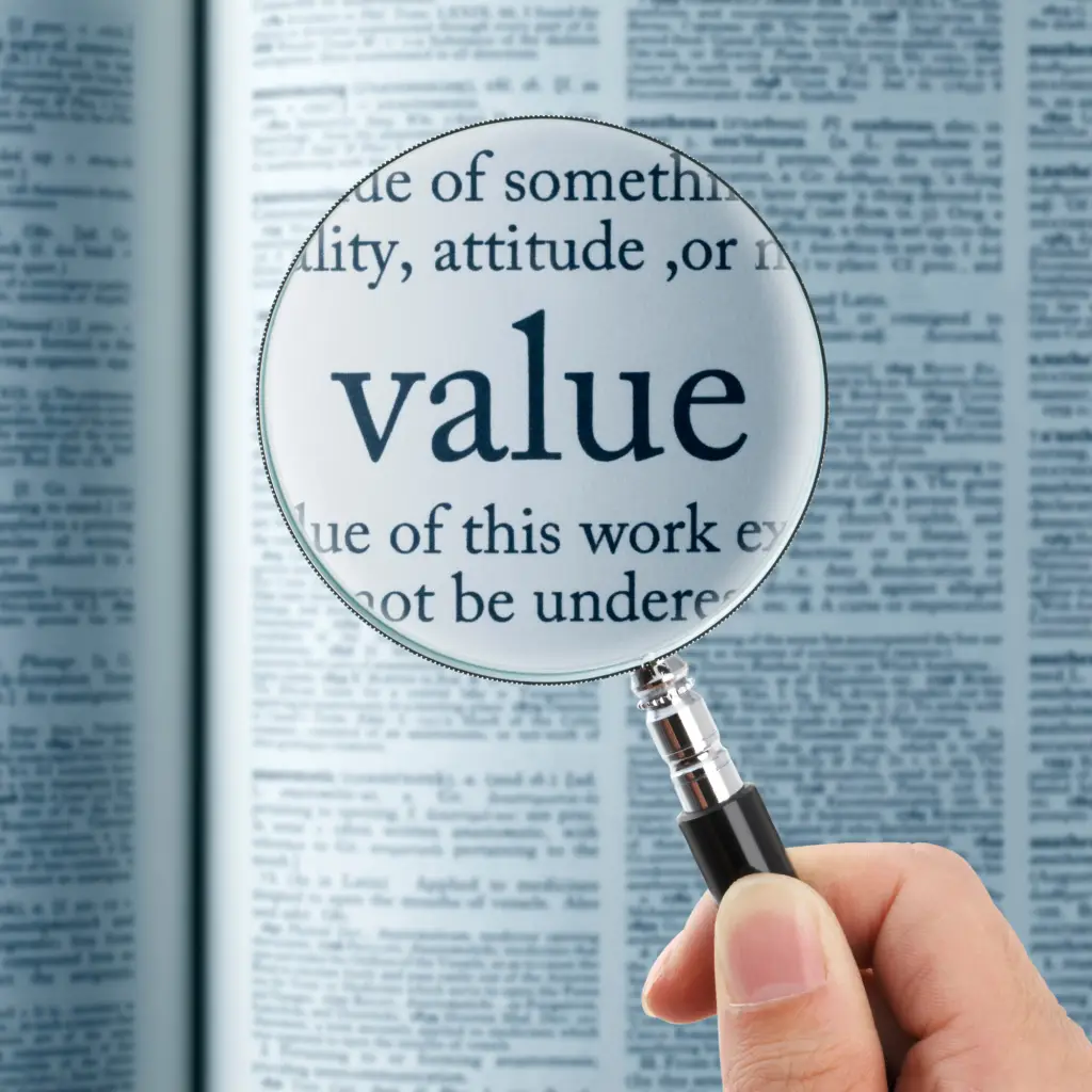 The King of Marketing - magnified glass looking over the word value in a dictionary.